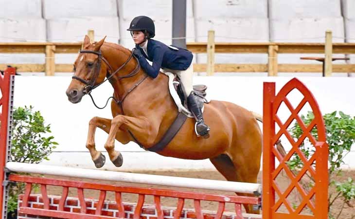 Image of Margaret, an equestrian and online student from Texas Connections Academy pictured here jumping with her horse. 