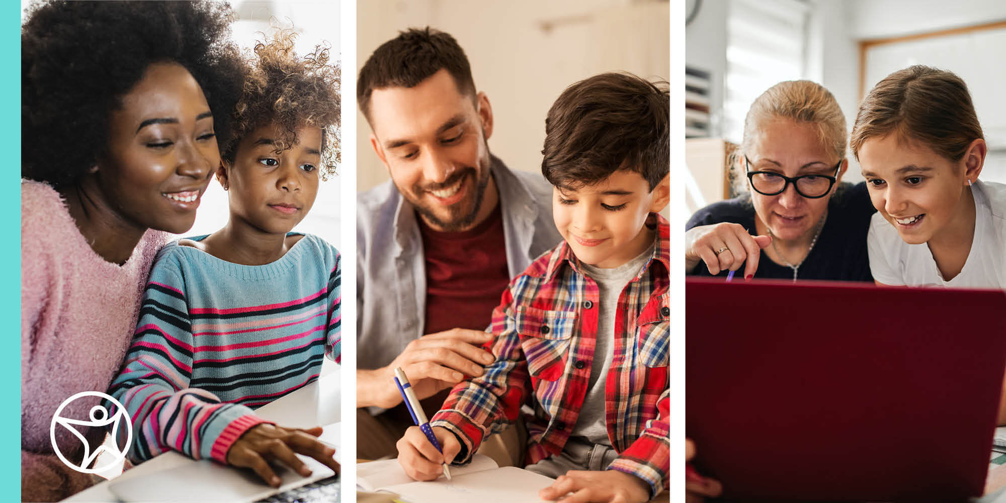 An collective image of parents helping their children with online school work