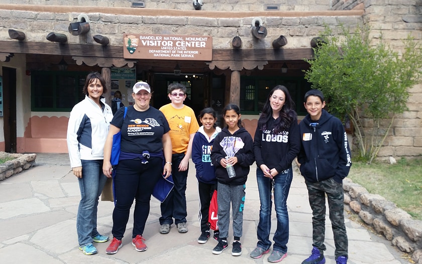 Families and teachers at the Bandelier National Monument
