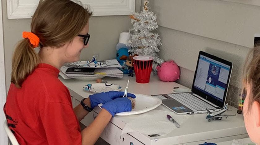 A middle school student performing a science experiement in online class