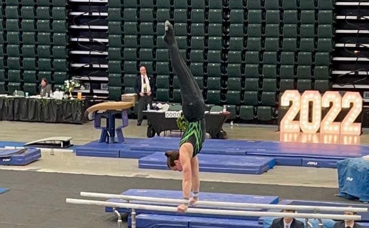 Lucas performs a handstand on the parallel bars during a gymnastics competition.