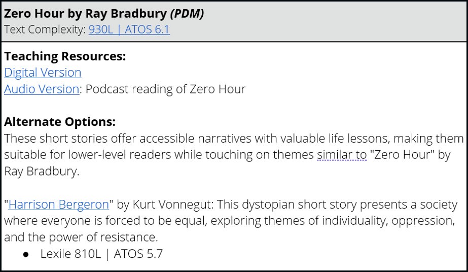 Diagram of ELA 9-12 of Zero Hour by Ray Bradbury Teaching Resources and Alternate Options