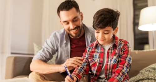 A family creating an online school schedule.  