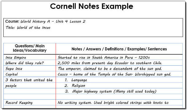 An example of the Cornell Notes Example with sample notes from a World History class