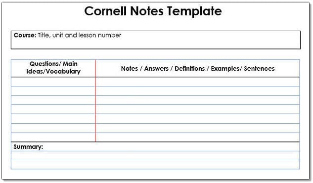 A blank Cornell Notes example template