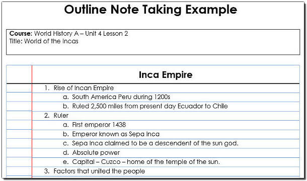 An example of World History notes using the Outline Note Taking example