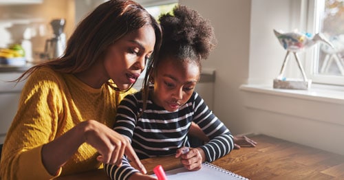 Image of a Learning Partner in a yellow shirt helping her neurodivergent child work on a school project together. 