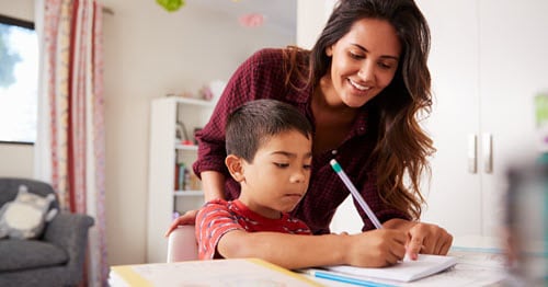 Young student with their Learning Partner working on school assignment at home.