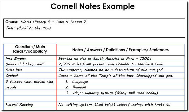 Example image of a completed note taking template