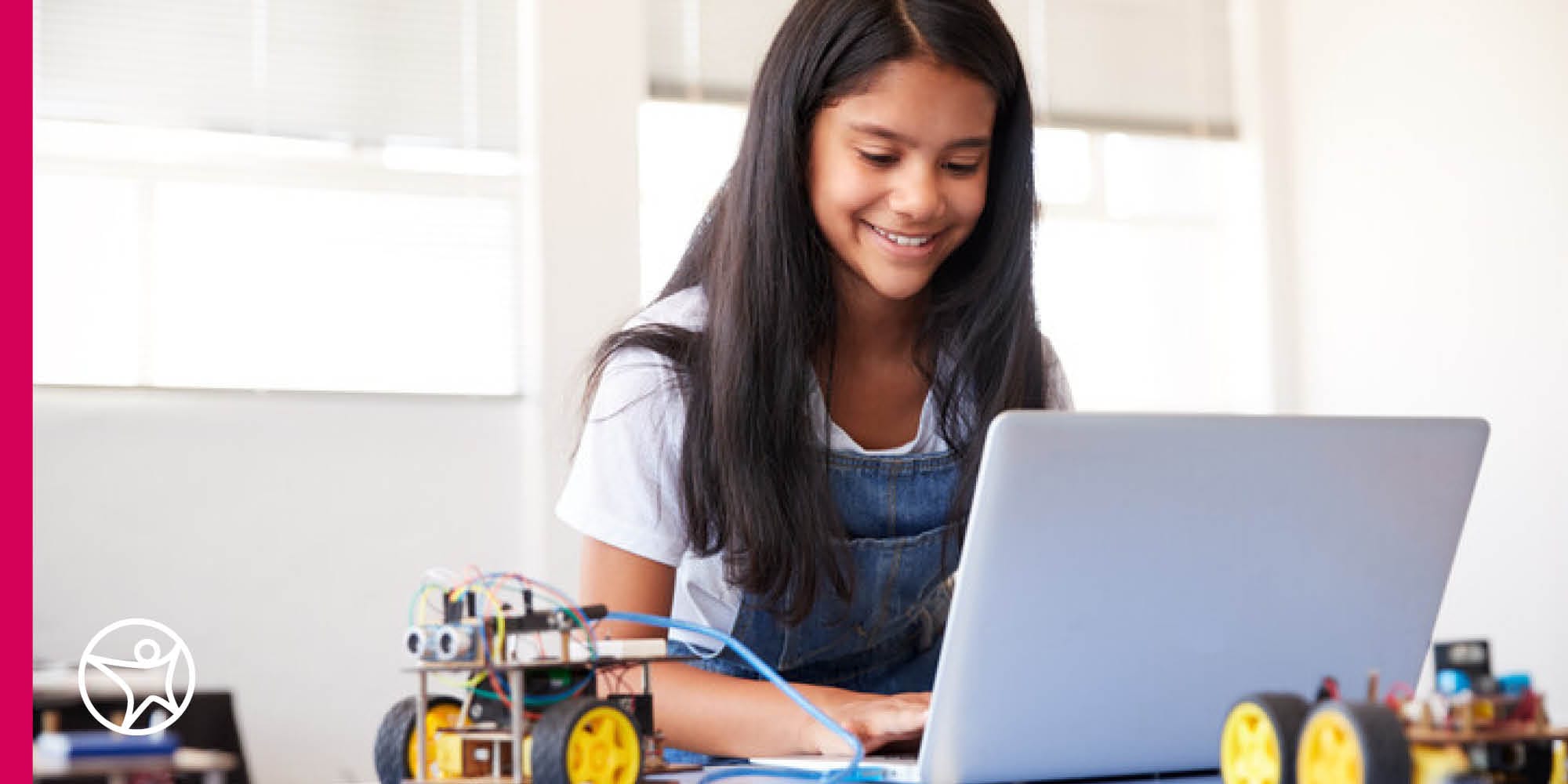 A middle school student is building robots during an online class