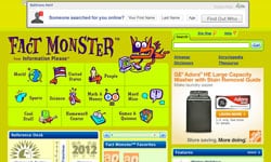 Fact Monster website homepage with free educational games for middle schoolers and elementary school students